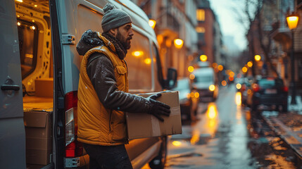 A man in a yellow vest is holding a cardboard box