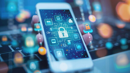 Close-up of a smartphone displaying a digital security interface with icons, representing cybersecurity and data protection.