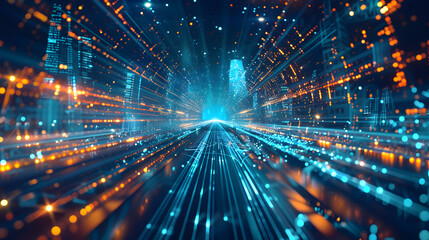 Fototapeta premium night shot from view point. Concept for warp effect futuristic space tunnel and digital town. Generative Ai.
