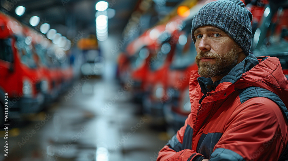 Poster A man in a red jacket and a gray hat stands in front of a row of red vans
