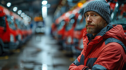 Obraz premium A man in a red jacket and a gray hat stands in front of a row of red vans