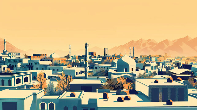 Risograph vibrant riso print travel poster, card, wallpaper or banner illustration, modern, isolated, clear, simple of Qazvin, Iran