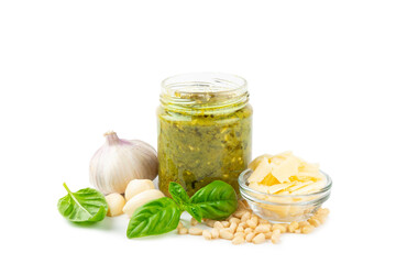 Pesto. Italian basil pesto sauce isolated on white background. Ingredient for pesto sauce: fresh...