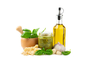 Pesto. Italian basil pesto sauce isolated on white background. Ingredient for pesto sauce: fresh basil, pine nuts, Parmesan cheese and olive oil. Space for text.Copy space.