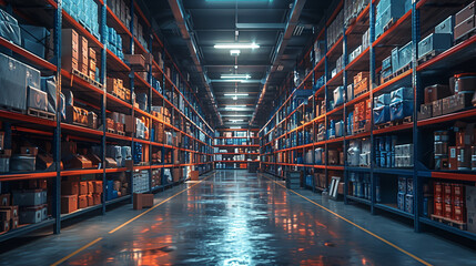 Fototapeta premium A large warehouse with many shelves and boxes