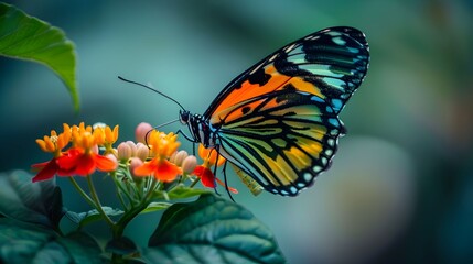 Fototapeta premium A butterfly is eating a flower. The butterfly is blue and white