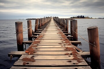 Fototapeta premium Peaceful scene of an old wooden pier reaching out into the calm waters of a vast lake under a cloudy sky
