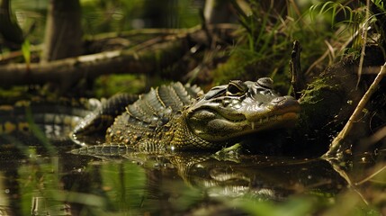 Naklejka premium A crocodile is swimming in a pond with green plants. The water is murky and the plants are thick