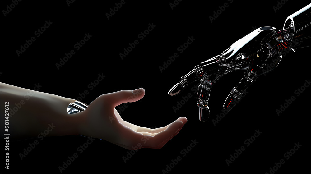 Aufkleber robot hand making contact with human hand on dark background 3d rendering. generative ai.