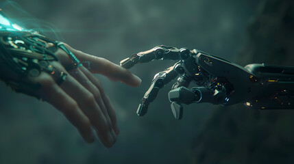 Robot hand making contact with human hand on dark background 3D rendering. Generative Ai.