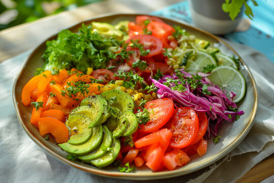 a plate of healthy mixed salad with vegetables and fruits,  avocado, tomatoes and gabbage