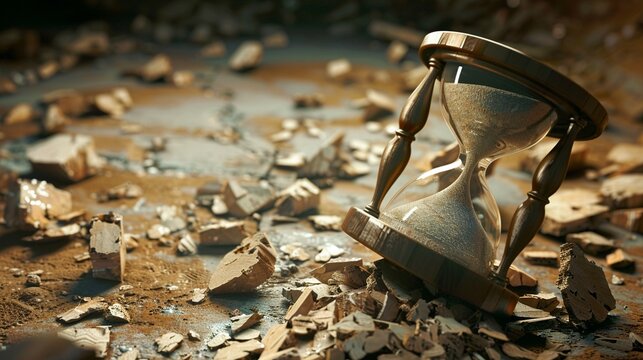A broken hourglass with sand spilling out, metaphor for the critical and fleeting nature of time during an economic crisis