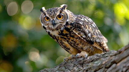 Obraz premium A close-up shot of an owl with intense orange eyes sitting on a tree branch, showing intricate feather patterns, with a blurred green background of foliage.