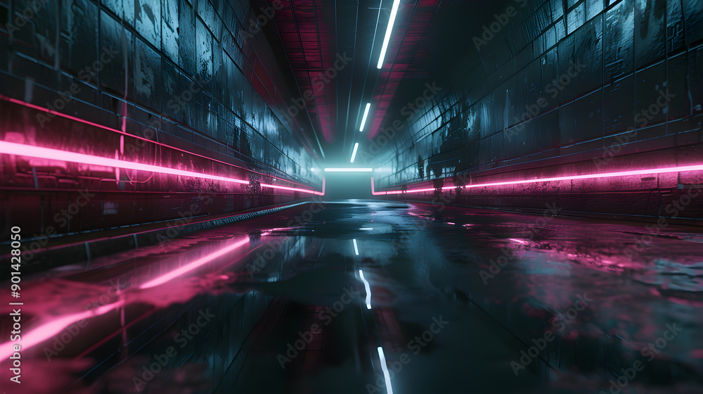 Poster sci fy neon glowing lines in a dark tunnel. reflections on the floor and ceiling. generative ai.