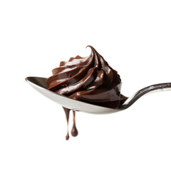 Close-up of a silver spoon with a swirl of melted dark chocolate, isolated on a white background, dripping indulgence.