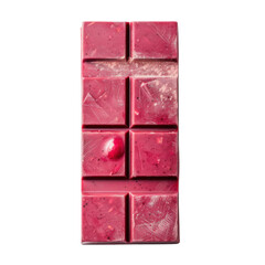 Close-up of a vibrant pink ruby chocolate bar with eight squares, isolated on a white background.