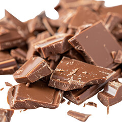 Close-up of broken milk chocolate pieces, showcasing rich texture and indulgent sweetness.
