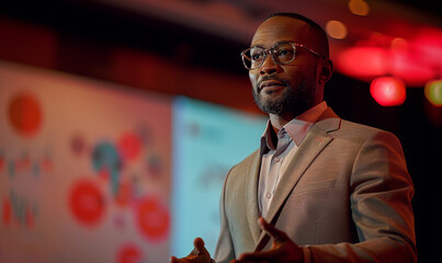 African American male speaker mentoring interested colleagues, presenting research results or new ideas standing near flipchart in modern boardroom, leadership, coaching concept.