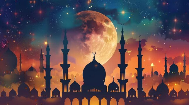 Night view of a mosque with a glowing sky, creating a serene and mystical atmosphere with illuminated architecture and celestial bea Seamless looping 4k time-lapse virtual video animation Generated AI