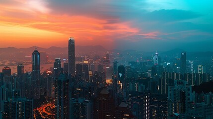 Fototapeta premium A panoramic shot of a city at twilight, half-illuminated, half in shadow, reflecting the dual nature of hope and despair in economic crises
