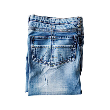 Folded blue denim jeans with back pocket, displaying a casual and stylish fashion statement, isolated on white background.