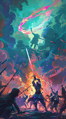 A cartoon style video game splash art depicts an epic fantasy battle scene