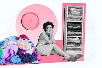 Creative poster collage young houseworker woman bunch clothes laundry shelves interior room lock regime time limit drawing background