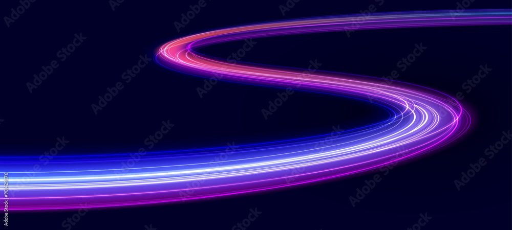 Aufkleber Abstract high speed movement background. Speed line neon glowing curves. Dynamic motion light trails. Futuristic digital technology movement concept. Pattern for banner. Vector eps10.