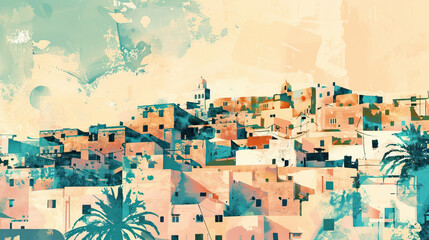 Fototapeta premium Risograph stencilled riso print travel poster, card, wallpaper or banner illustration, modern, isolated, clear, simple of Sabratha, Libya. Artistic, screen printing, stencil