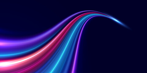 Abstract high speed movement background. Speed line neon glowing curves. Dynamic motion light trails. Futuristic digital technology movement concept. Pattern for banner. Vector eps10.
