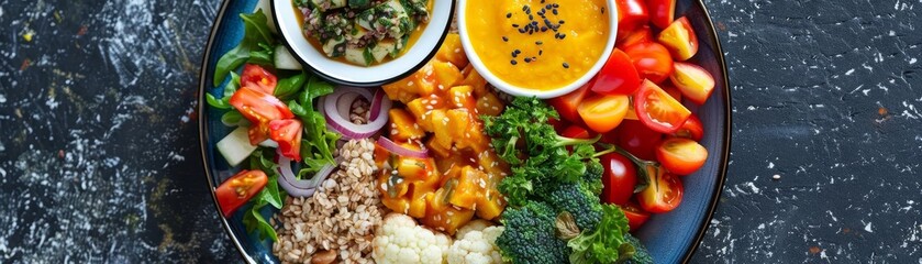 Colorful plate of balanced meals with diverse food groups, Healthy balanced diet plan, nutritional wellness and variety