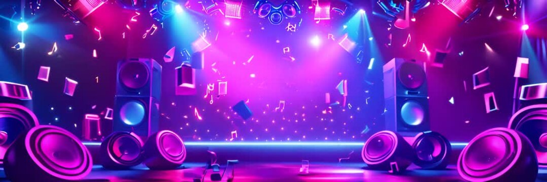 A neon sign with a lot of music notes on it. The sign is in a dark room with a lot of lights.