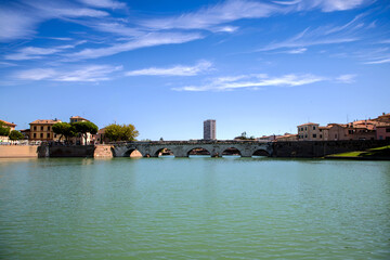 Historic Tiberius Bridge, ancient Roman architecture, Rimini landmark, built 21 AD.
