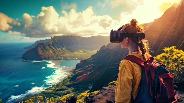 A senior utilizing virtual reality to travel the world, sharing experiences in a blog