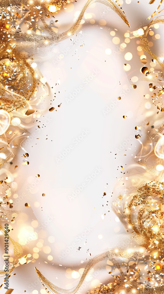 Poster plain solid white background picture with golden and sparkling elements on the sides and corners