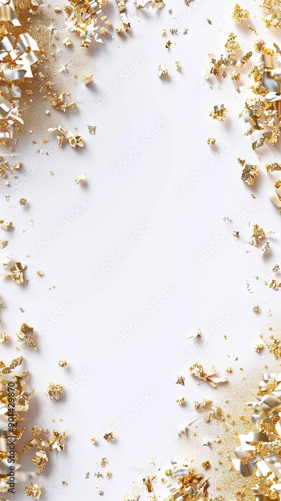 Wall mural Plain solid white background picture with golden and sparkling elements on the sides and corners