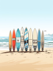 International Surfing Day banner with many surfboards on the beach isolated