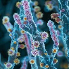 Fototapeta premium A close up of a pink and yellow plant with many small yellow flowers