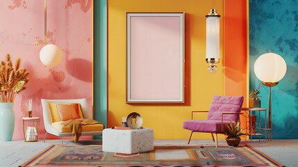 A mockup poster frame on a vibrant colored wall in a luxurious living room with eclectic decor, including a modernist rug and statement light fixtures. 