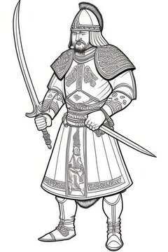 recommend clip art: coloring book mongol warrior, full body, hand drown line art