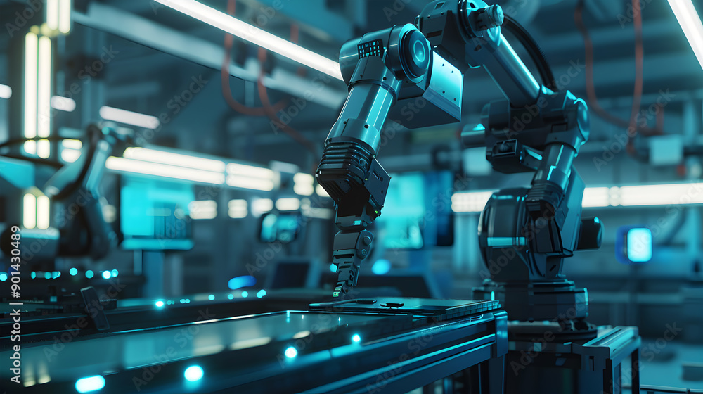Poster smart factory, industry 4.0 m2m computer aided manufacturing 3d robot automated team working ai chat
