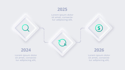 Neumorphic flowchart infographic.  Creative concept for infographic with 3 steps, options, parts or processes. Template for diagram, graph, presentation and chart.