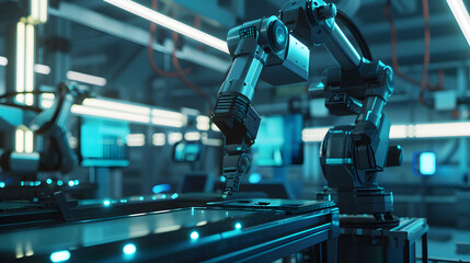  Smart factory, industry 4.0 M2M computer aided manufacturing 3D Robot automated team working AI chatbot future process futuristic industry engineering background. Generative Ai.