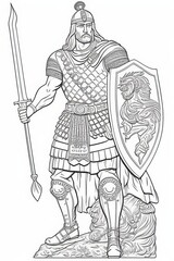 coloring book ukranian warrior, full body, hand drown line art