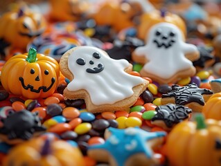 Obraz premium Festive Halloween table with decorated cookies, pumpkins, and candy, spooky ghost and jack-o'-lantern cookies, Halloween treats and decorations, Halloween party setup