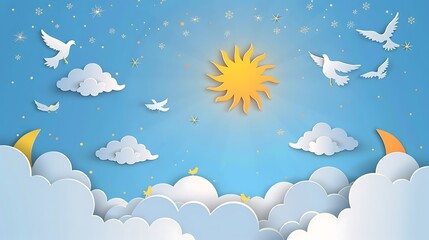 A morning sky scene in paper cut style, with fluffy clouds, a bright yellow sun rising, and small birds flying across a clear blue background sprinkled with glittering stars.