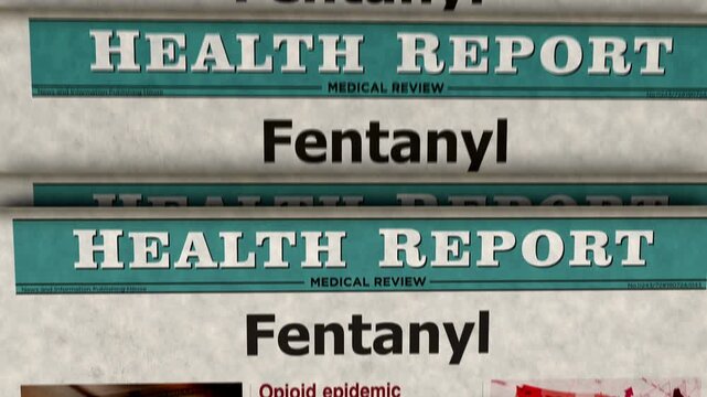 Fentanyl painkiller opioid crisis vintage news and newspaper printing. Abstract concept retro headlines 3d.