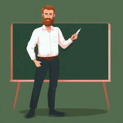 Illustration of male handsome teacher in white shirt, stands near the dark green school chalkboard dark green color and holds a marker, flat style