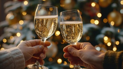 Romantic couple cheers glasses on champaign wine image. Affectionate partners celebrating important date photography scene wallpaper. Relationship concept photorealistic photo