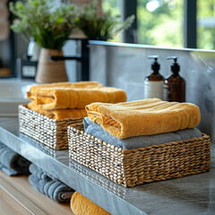 A basket of towels is on a counter next to a sink